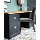 Baslow Writing Desk with Solid Oak Top and two painted plinths one being a cupboard with height adjustable shelf, the other being a filing drawer for foolscap files with a correspondence drawer above with chrome cup handles.