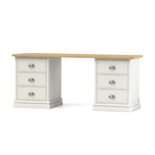 Baslow Writing Desk with Solid Oak Top and two painted plinths each containing three soft close correspondence drawers with chrome cup handles.
