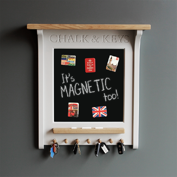 Personalised wall mounted noticeboard with magnetic chalk board and oak shelf and pegs