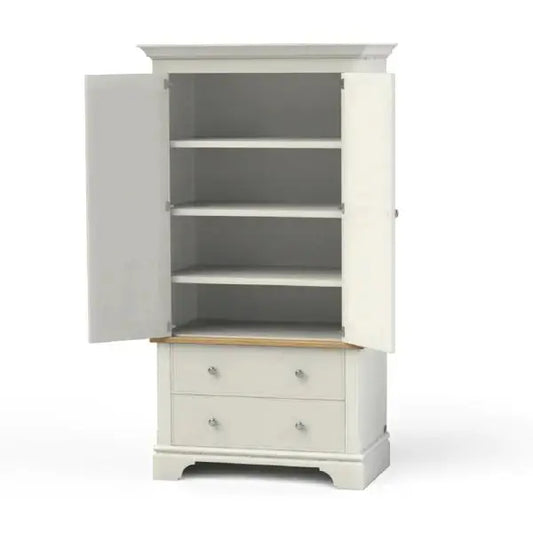 Baslow Housekeepers Cupboard.Housekeepers cupboard ideal for storing linen, has two deep soft close drawers and a top cupboard section with internal height adjustable shelves