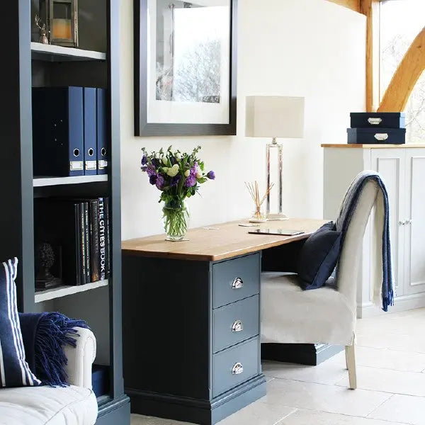 Baslow Writing Desk with Solid Oak Top and two painted plinths each containing three soft close correspondence drawers with chrome cup handles.