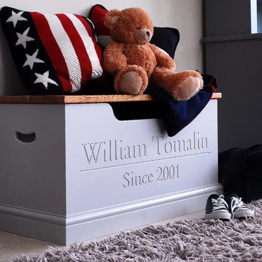 Personalised Toy Box with Oak Lid.